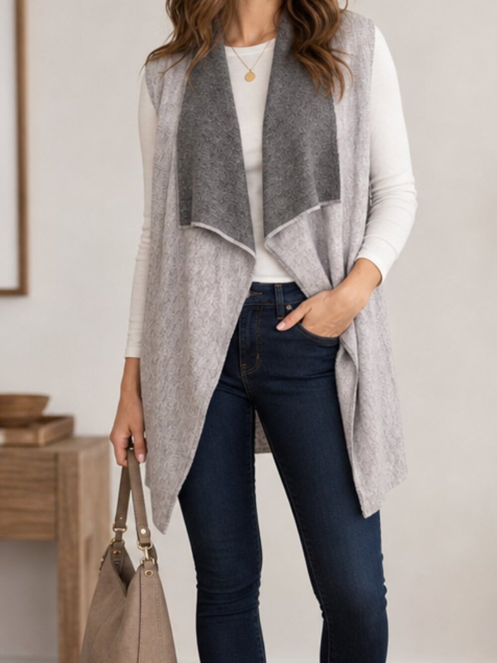 Lole Freddie Lagenlook 2 Tone Open Sleeveless Wool Blend Long Cardigan Gray O/S